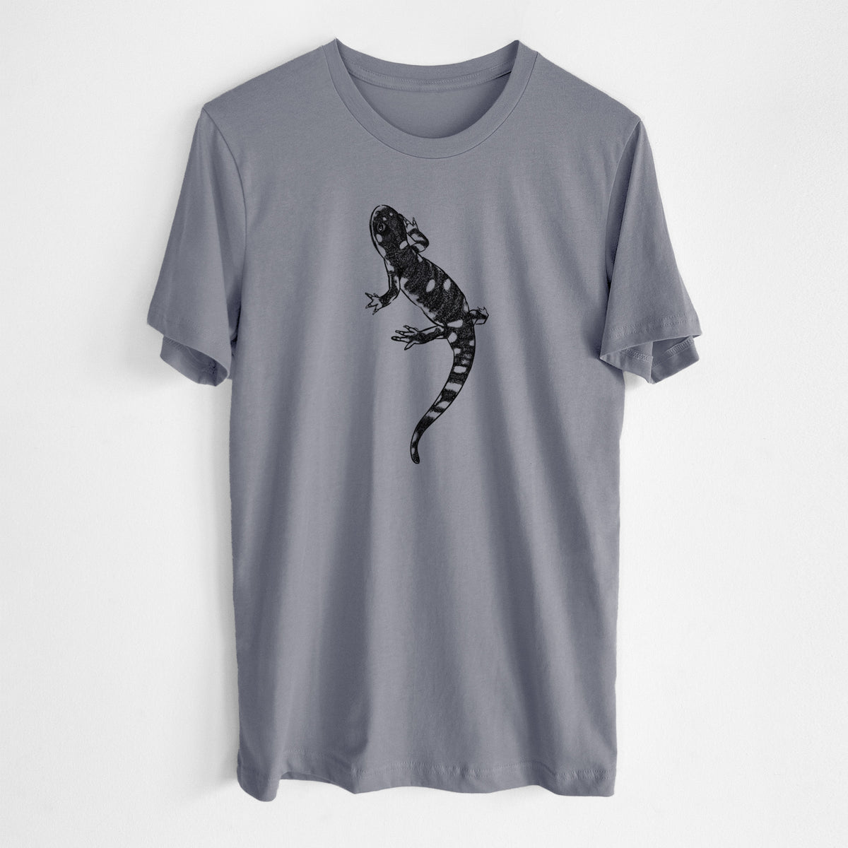 Storm grey lightweight cotton t-shirt laid flat, printed with a detailed black ink illustration of a spotted California tiger salamander.
