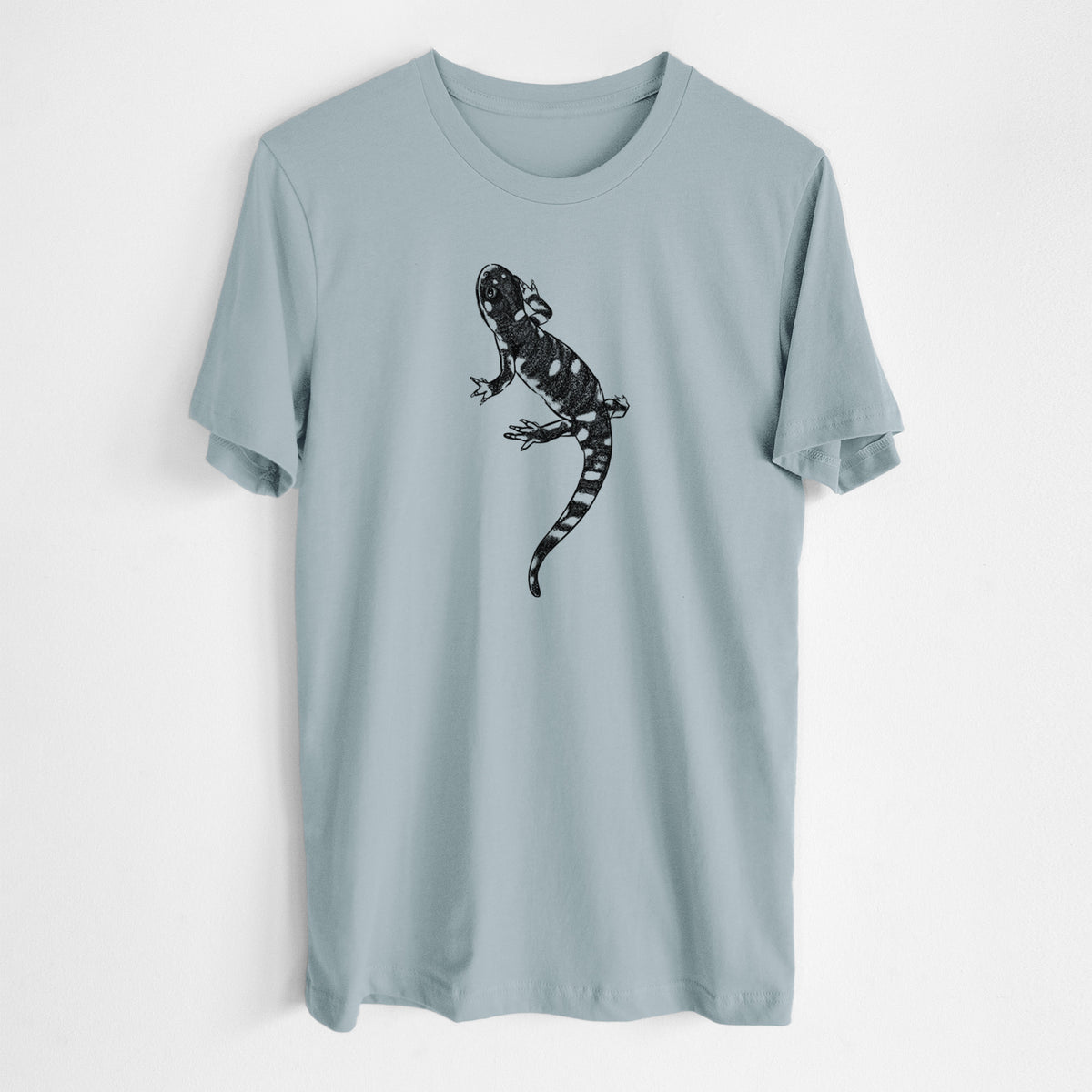 Vintage denim lightweight cotton t-shirt laid flat, printed with a detailed black ink illustration of a spotted California tiger salamander.