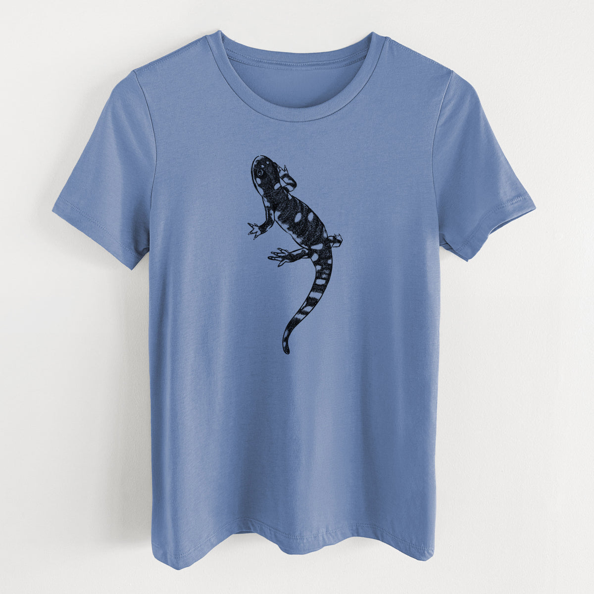 Blue bell women's relaxed fit cotton t-shirt laid flat, printed with a detailed black ink illustration of a spotted California tiger salamander.