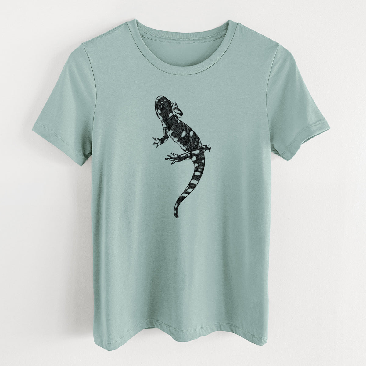 Dusty blue women's relaxed fit cotton t-shirt laid flat, printed with a detailed black ink illustration of a spotted California tiger salamander.