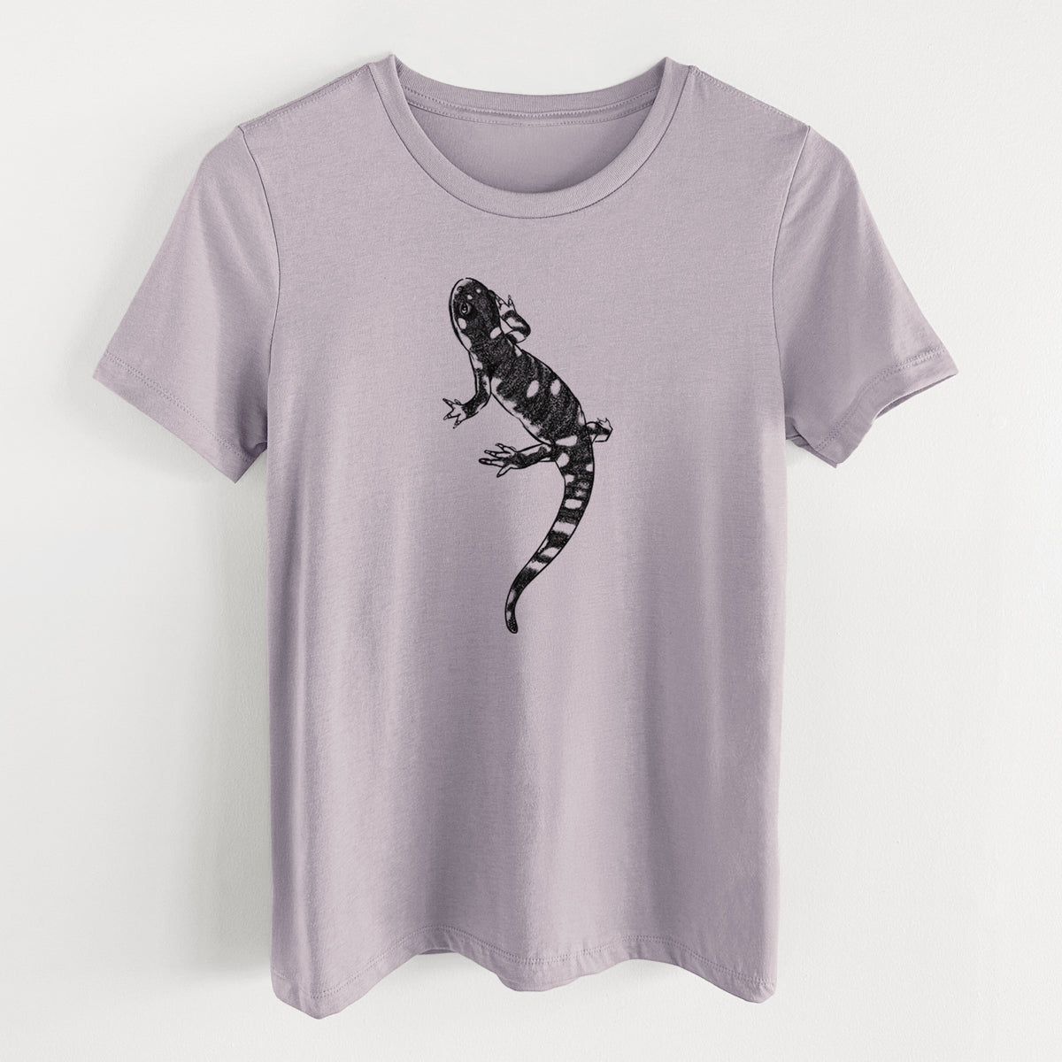 Light violet women's relaxed fit cotton t-shirt laid flat, printed with a detailed black ink illustration of a spotted California tiger salamander.