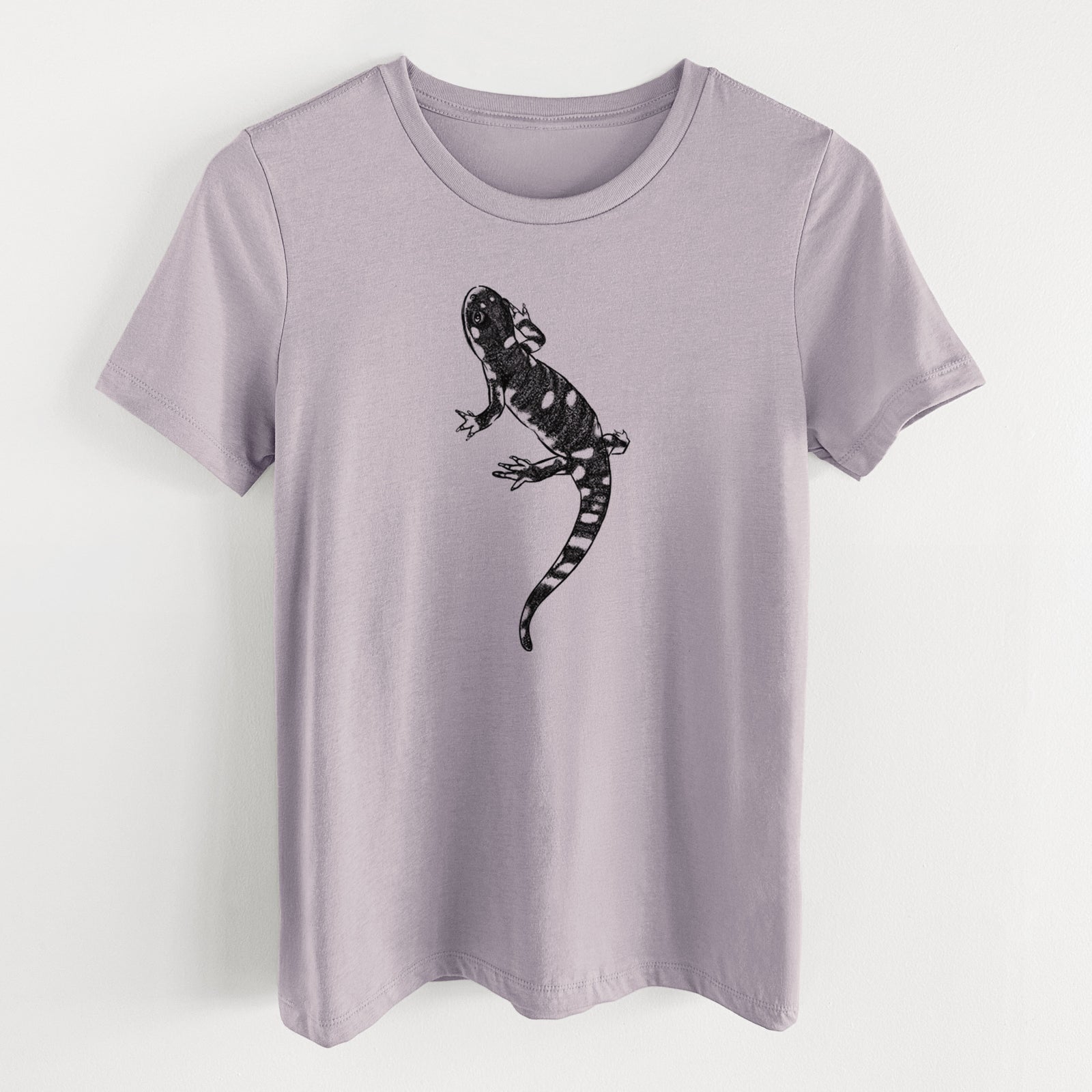 Light violet women's relaxed fit cotton t-shirt laid flat, printed with a detailed black ink illustration of a spotted California tiger salamander.