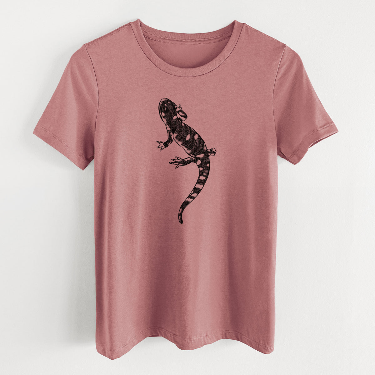 Mauve pink women's relaxed fit cotton t-shirt laid flat, printed with a detailed black ink illustration of a spotted California tiger salamander.