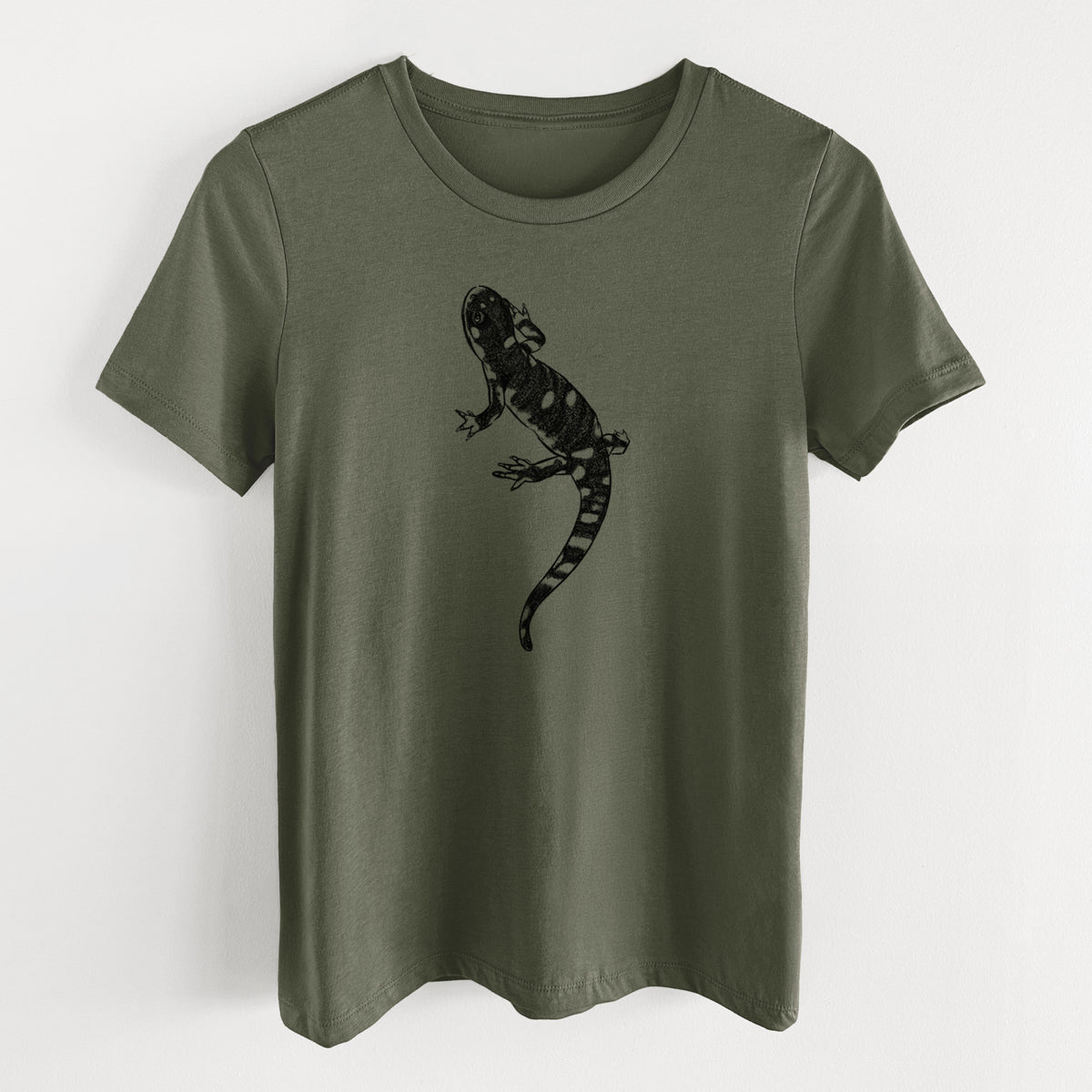 Military green women's relaxed fit cotton t-shirt laid flat, printed with a detailed black ink illustration of a spotted California tiger salamander.