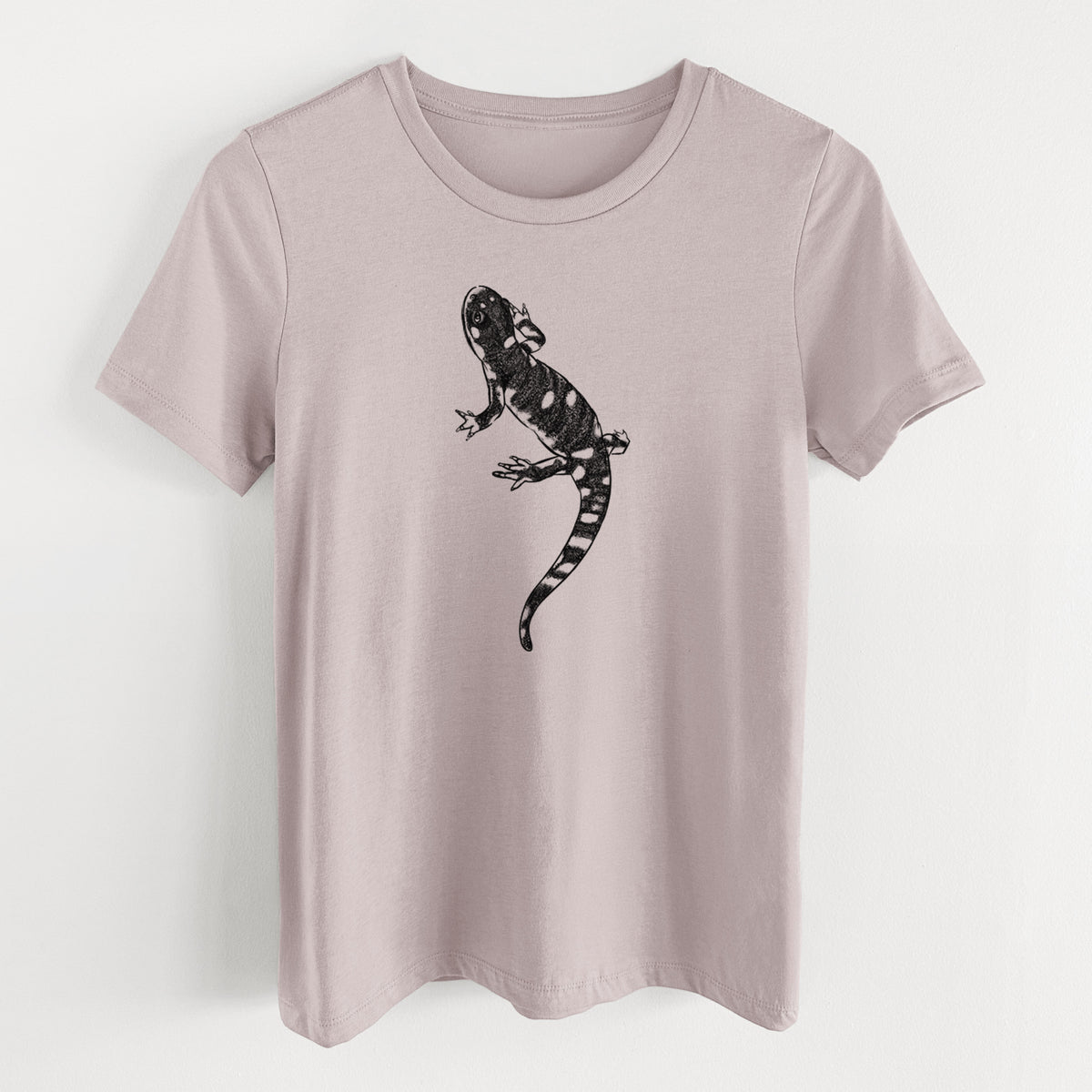 Pink gravel women's relaxed fit cotton t-shirt laid flat, printed with a detailed black ink illustration of a spotted California tiger salamander.