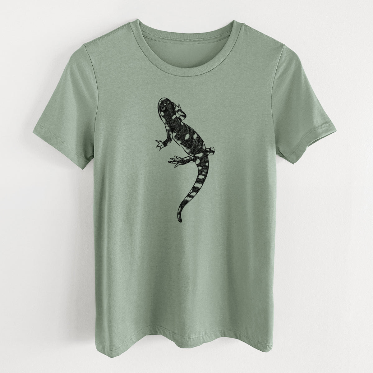Sage green women's relaxed fit cotton t-shirt laid flat, printed with a detailed black ink illustration of a spotted California tiger salamander.