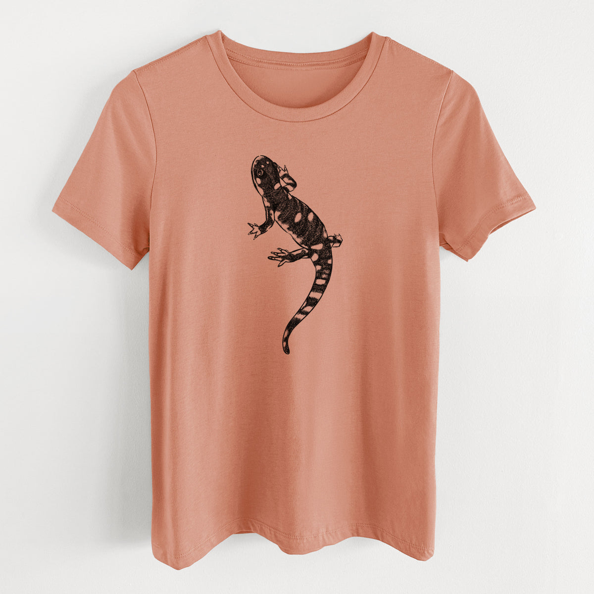 Terracotta orange women's relaxed fit cotton t-shirt laid flat, printed with a detailed black ink illustration of a spotted California tiger salamander.