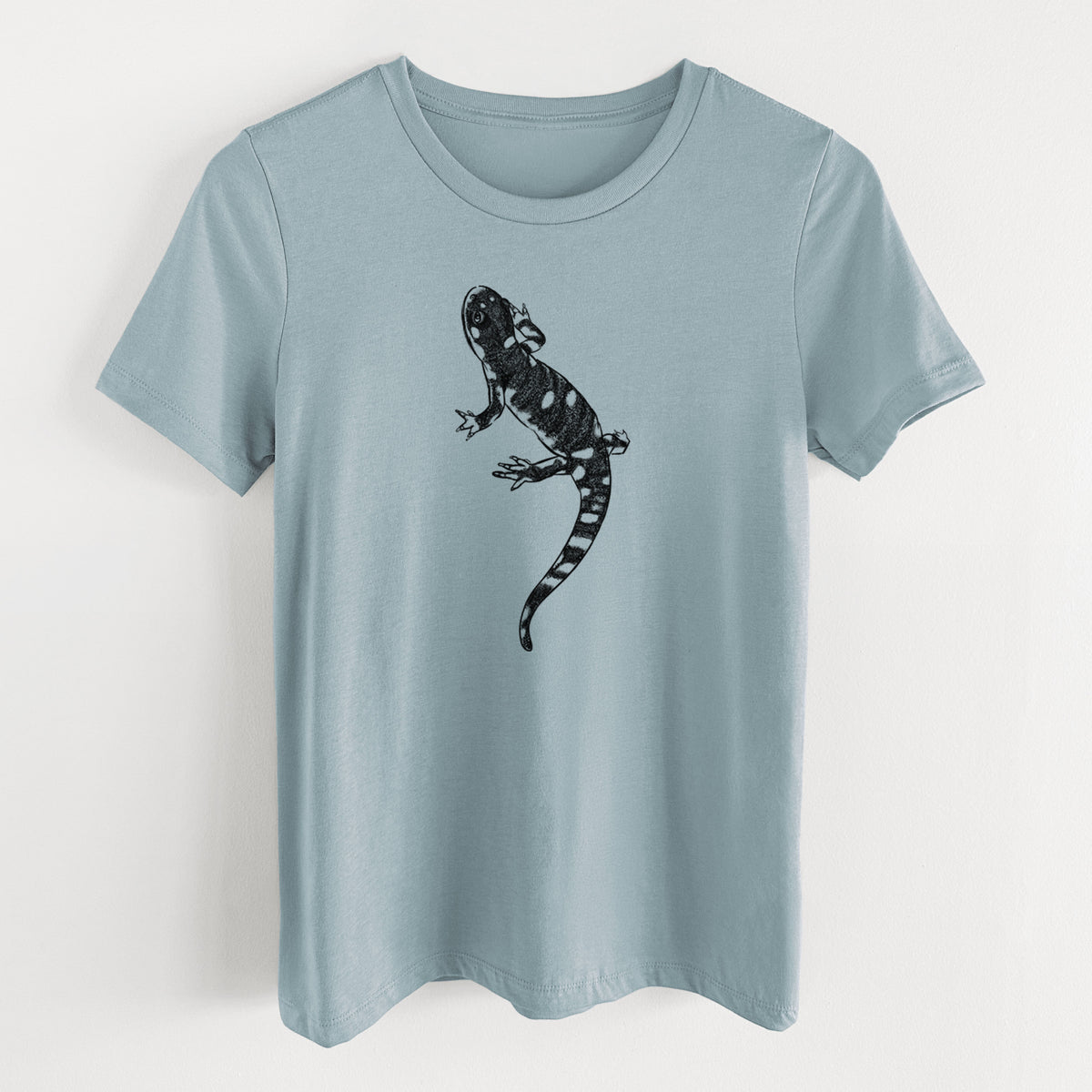 Vintage denim women's relaxed fit cotton t-shirt laid flat, printed with a detailed black ink illustration of a spotted California tiger salamander.