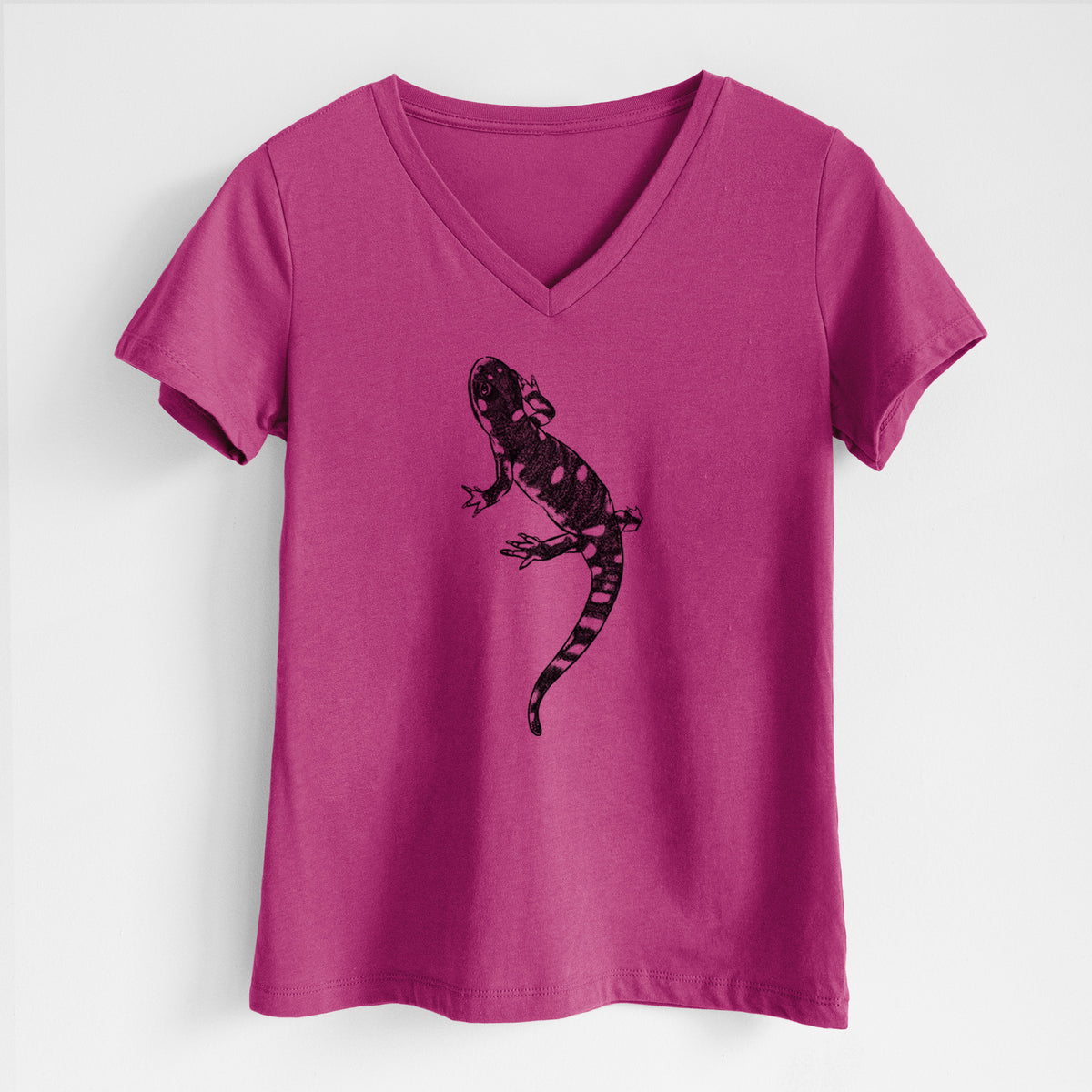 Berry pink women's relaxed fit cotton V-neck t-shirt laid flat, printed with a detailed black ink illustration of a spotted California tiger salamander.