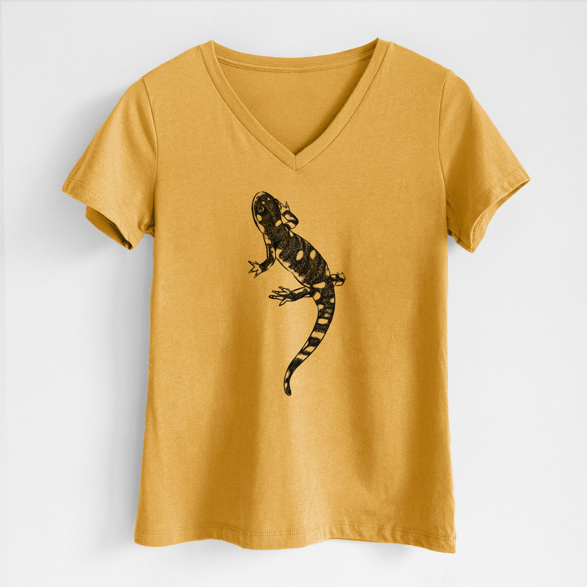 Honeycomb yellow women's relaxed fit cotton V-neck t-shirt laid flat, printed with a detailed black ink illustration of a spotted California tiger salamander.