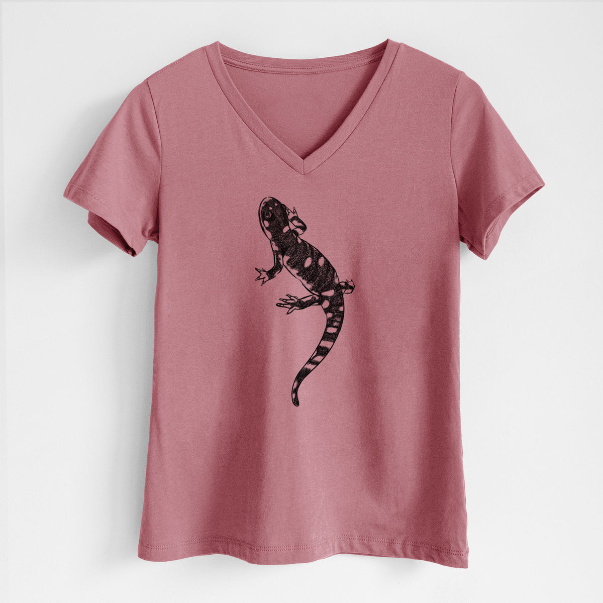 Mauve pink women's relaxed fit cotton V-neck t-shirt laid flat, printed with a detailed black ink illustration of a spotted California tiger salamander.