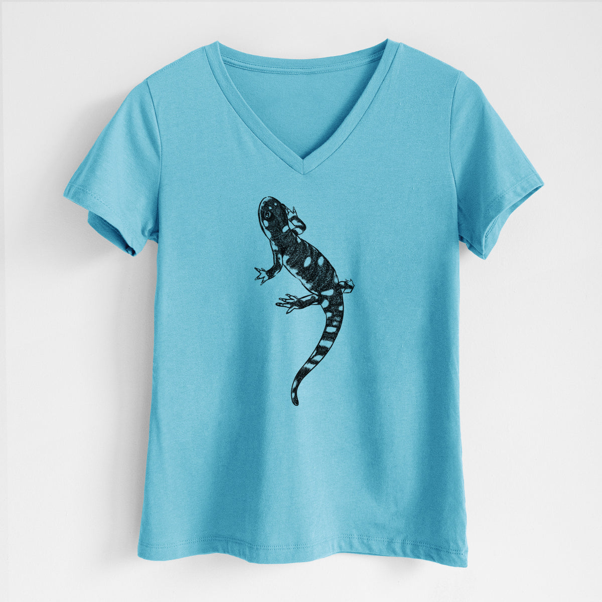 Turquoise women's relaxed fit cotton V-neck t-shirt laid flat, printed with a detailed black ink illustration of a spotted California tiger salamander.