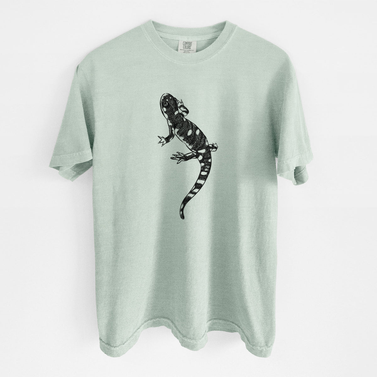 Bay green Comfort Colors t-shirt laid flat, printed with a detailed black ink illustration of a spotted California tiger salamander.