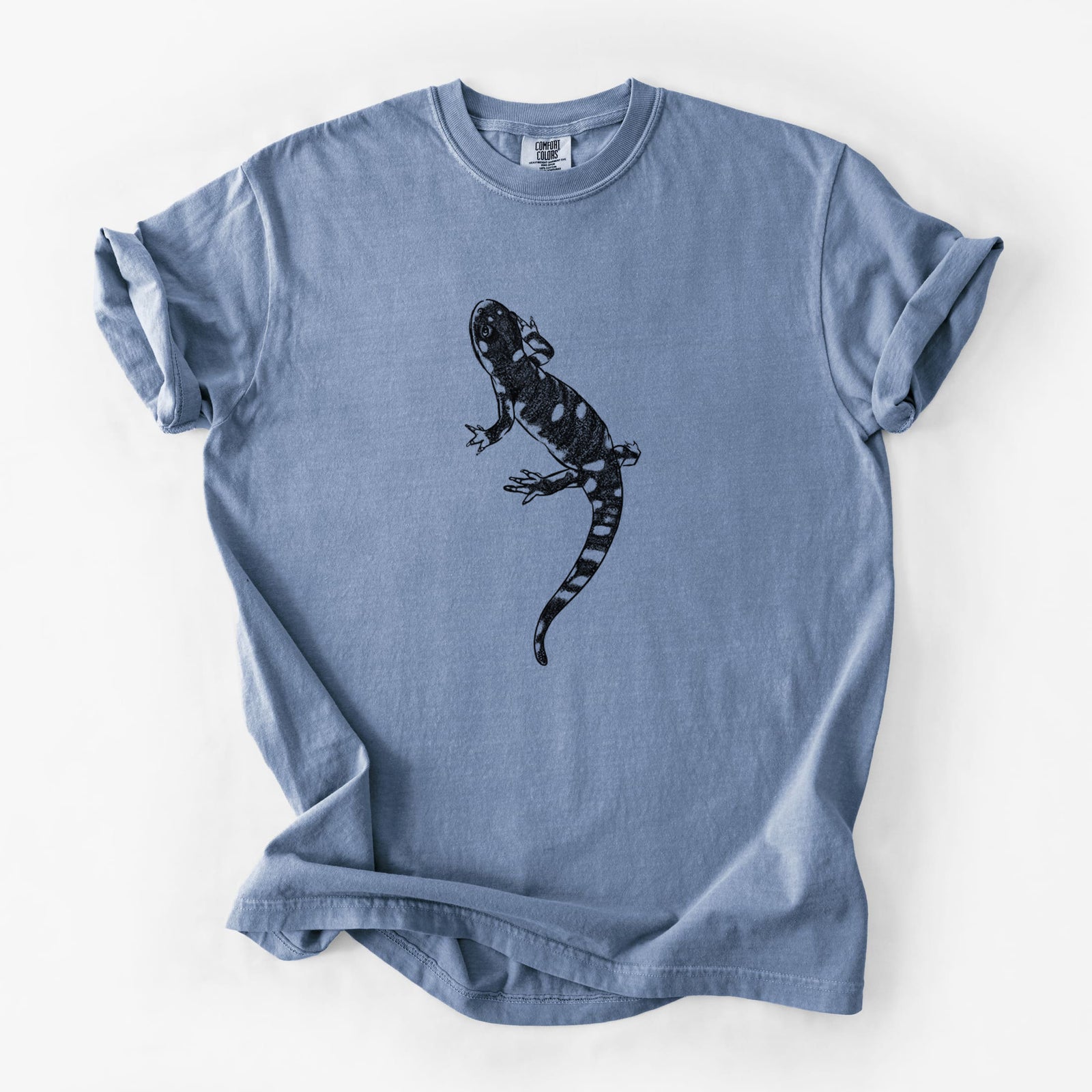 Blue jean Comfort Colors t-shirt laid flat, printed with a detailed black ink illustration of a spotted California tiger salamander.