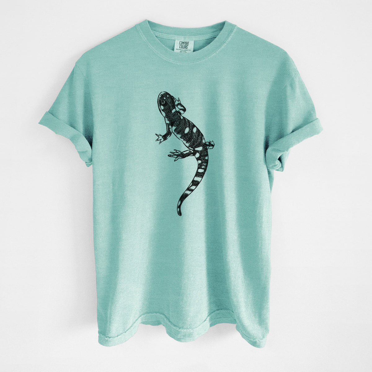 Chalky mint Comfort Colors t-shirt laid flat, printed with a detailed black ink illustration of a spotted California tiger salamander.