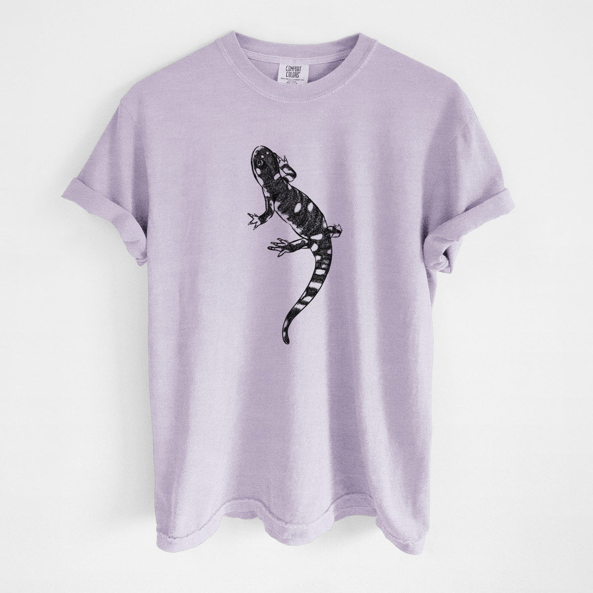 Orchid purple Comfort Colors t-shirt laid flat, printed with a detailed black ink illustration of a spotted California tiger salamander.