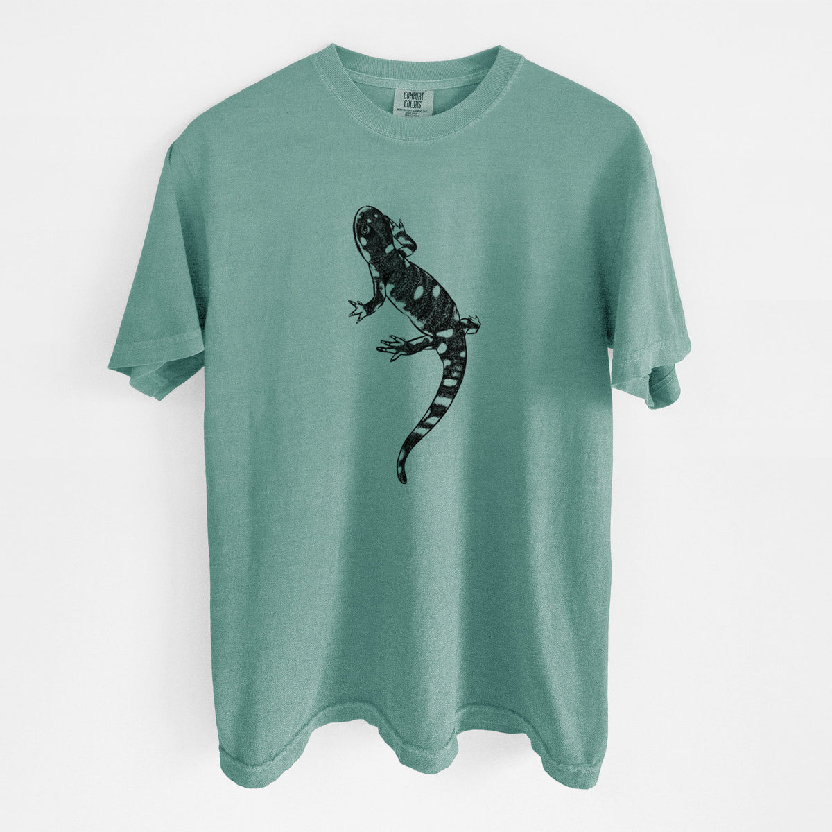 Reef green Comfort Colors t-shirt laid flat, printed with a detailed black ink illustration of a spotted California tiger salamander.