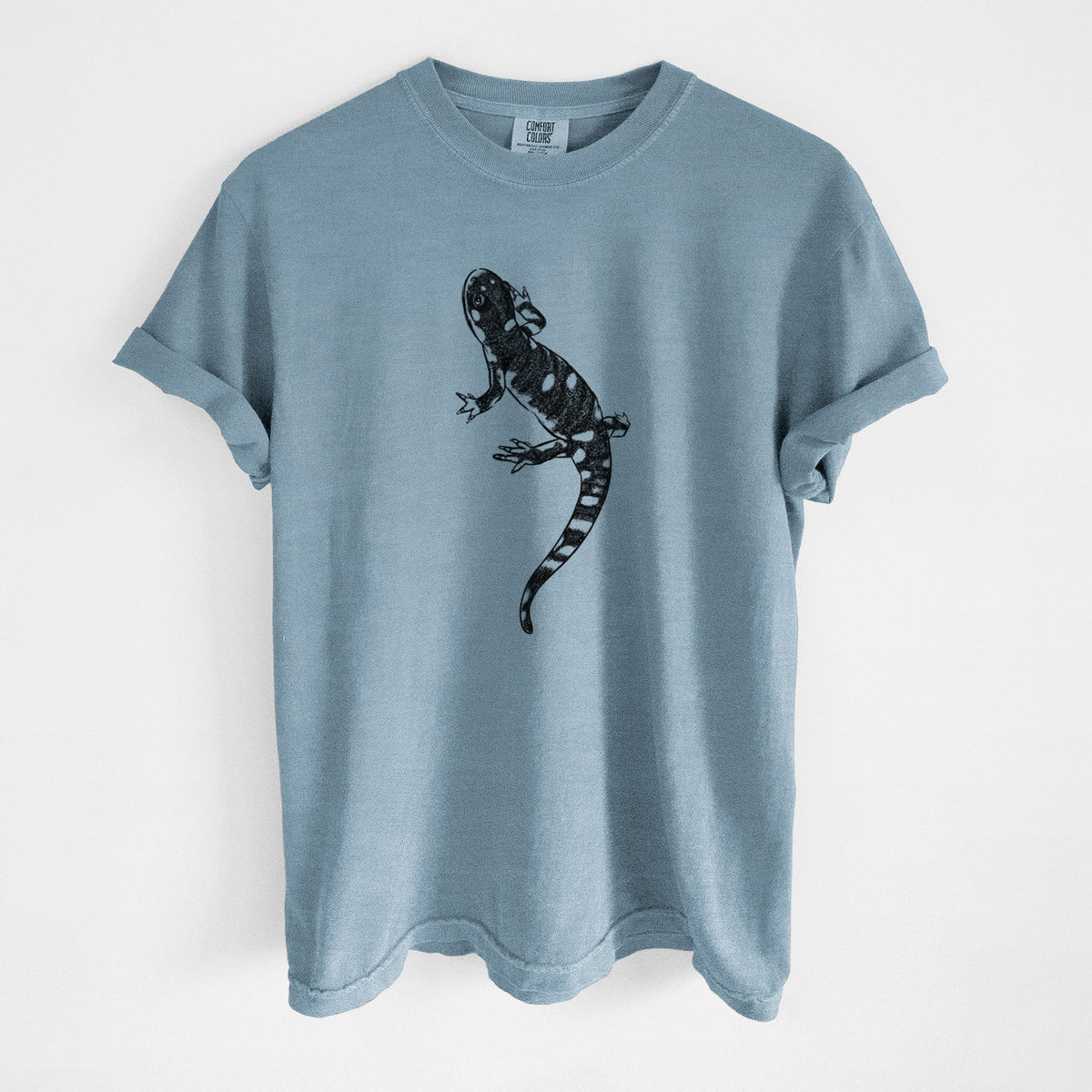 Steel blue Comfort Colors t-shirt laid flat, printed with a detailed black ink illustration of a spotted California tiger salamander.