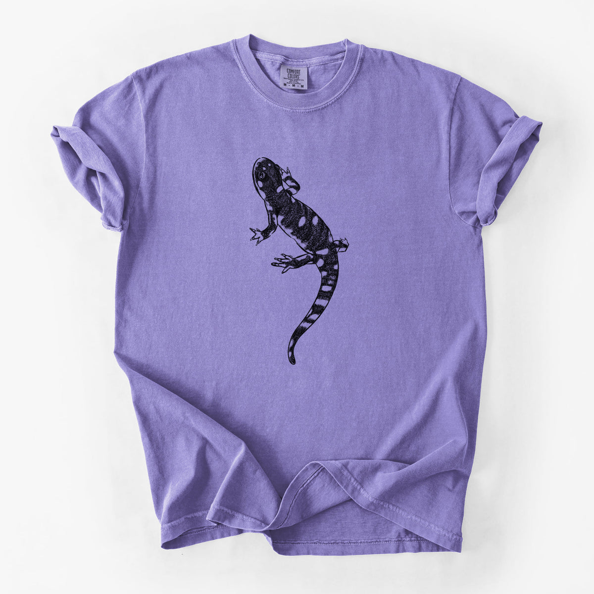 Violet purple Comfort Colors t-shirt laid flat, printed with a detailed black ink illustration of a spotted California tiger salamander.