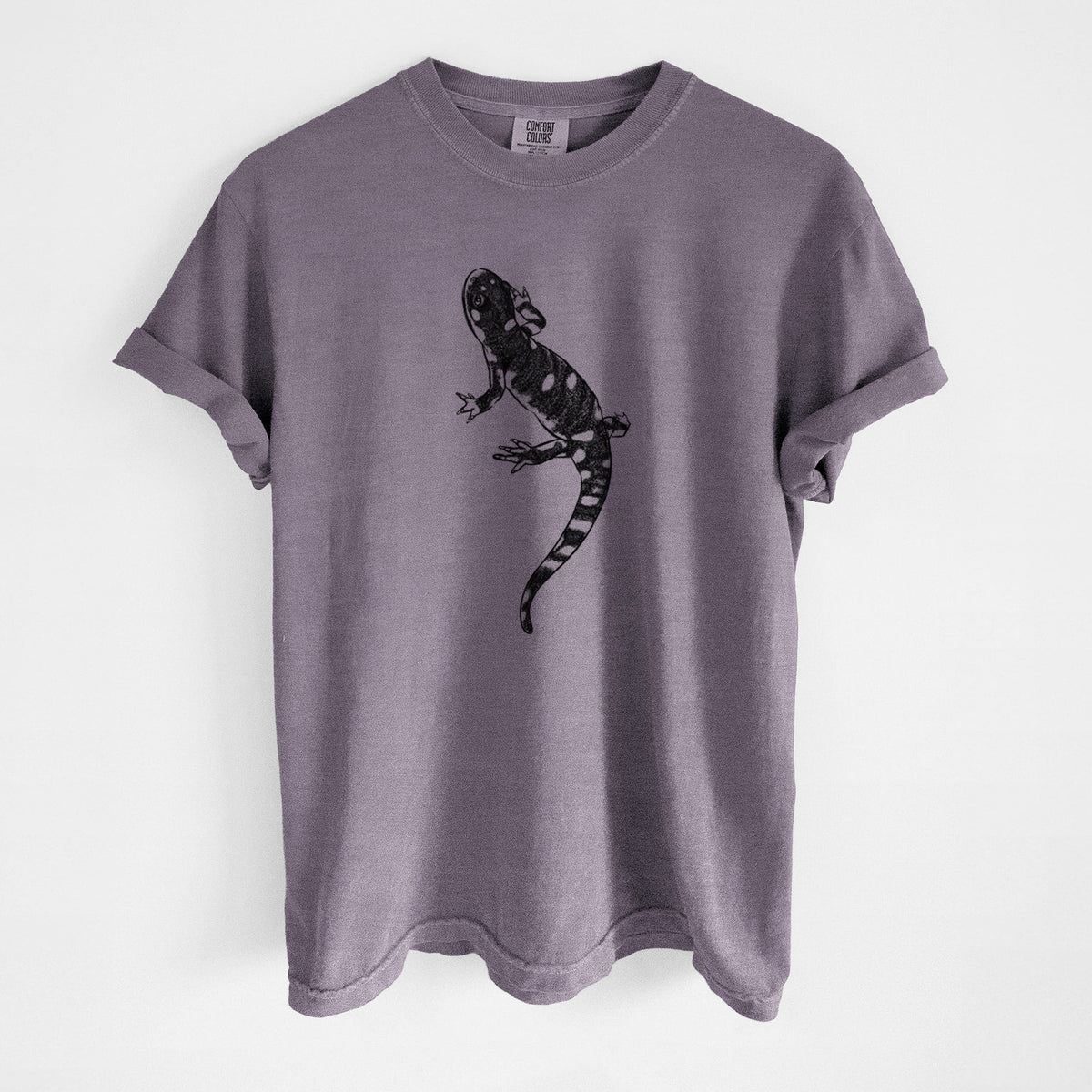 Wine red Comfort Colors t-shirt laid flat, printed with a detailed black ink illustration of a spotted California tiger salamander.