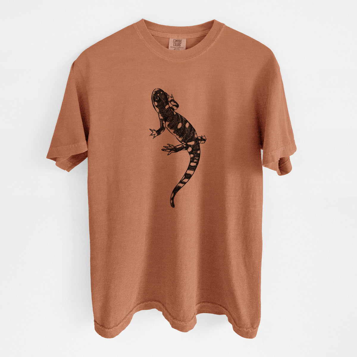 Yam burnt orange Comfort Colors t-shirt laid flat, printed with a detailed black ink illustration of a spotted California tiger salamander.
