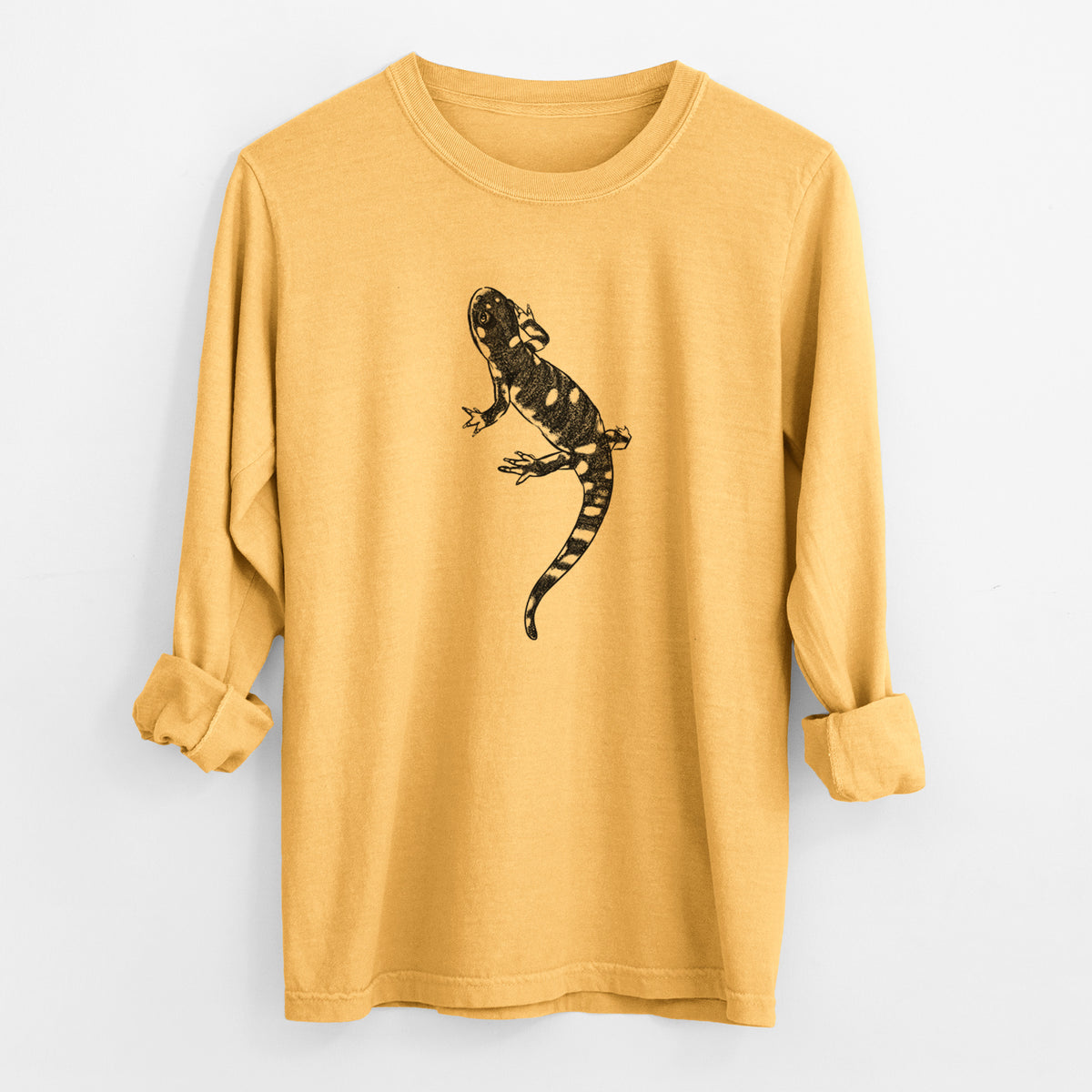 Golden wheat yellow Comfort Colors long sleeve shirt laid flat with the cuffs rolled, printed with a detailed black ink illustration of a spotted California tiger salamander.