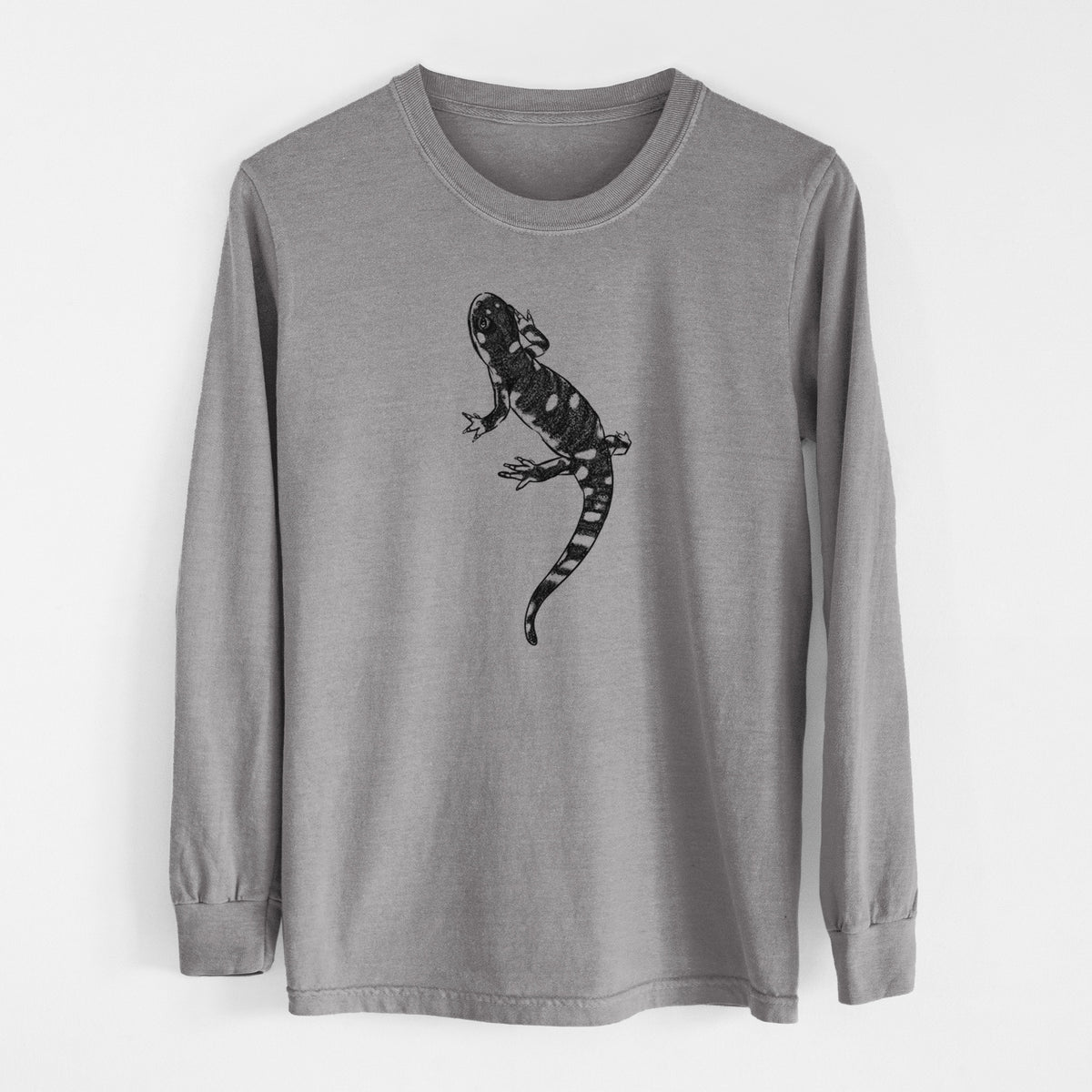 Grey Comfort Colors long sleeve shirt laid flat, printed with a detailed black ink illustration of a spotted California tiger salamander.