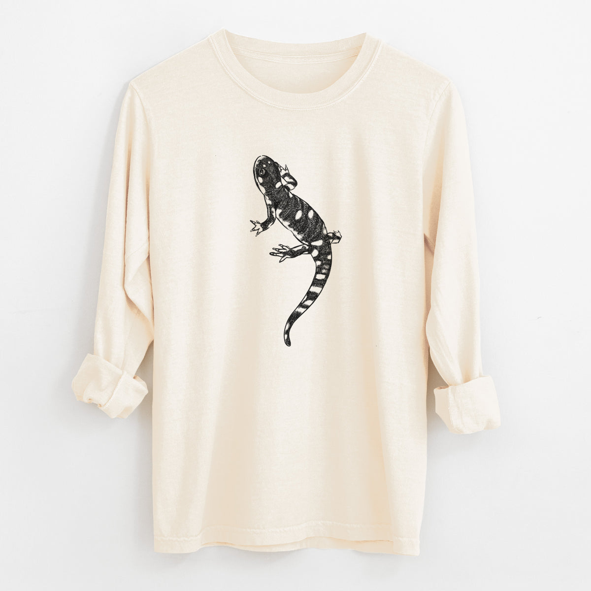 Ivory Comfort Colors long sleeve shirt laid flat with the cuffs rolled, printed with a detailed black ink illustration of a spotted California tiger salamander.