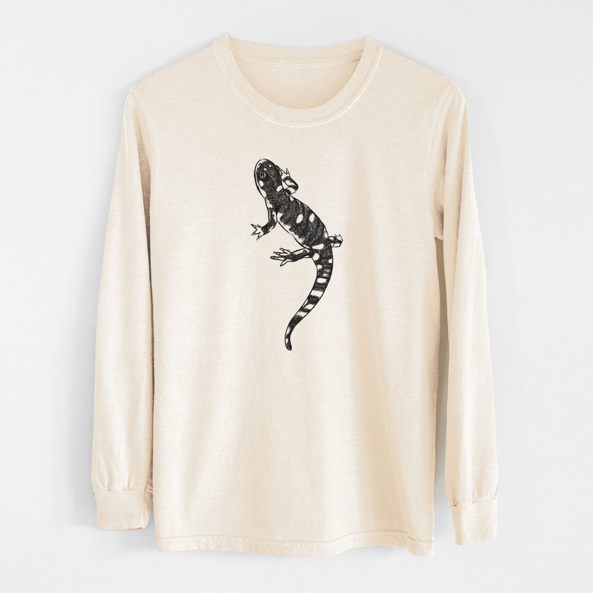 Ivory Comfort Colors long sleeve shirt laid flat, printed with a detailed black ink illustration of a spotted California tiger salamander.