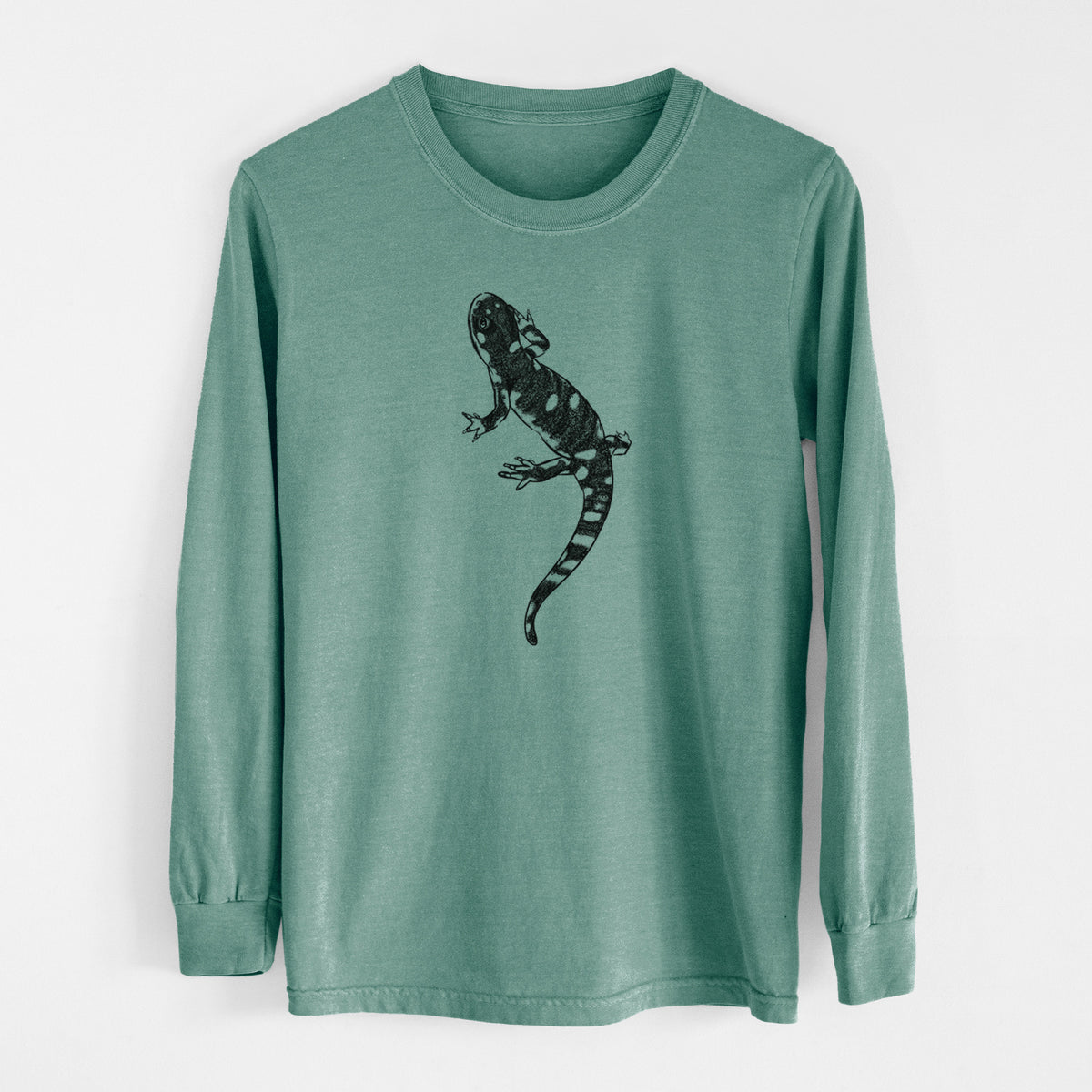 Pine green Comfort Colors long sleeve shirt laid flat, printed with a detailed black ink illustration of a spotted California tiger salamander.