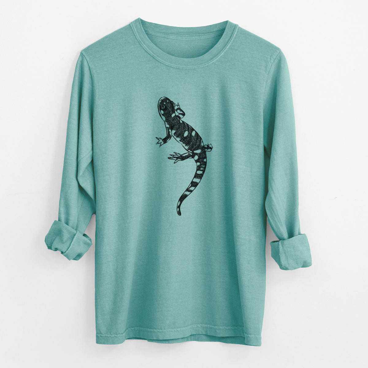 Reef green Comfort Colors long sleeve shirt laid flat with the cuffs rolled, printed with a detailed black ink illustration of a spotted California tiger salamander.