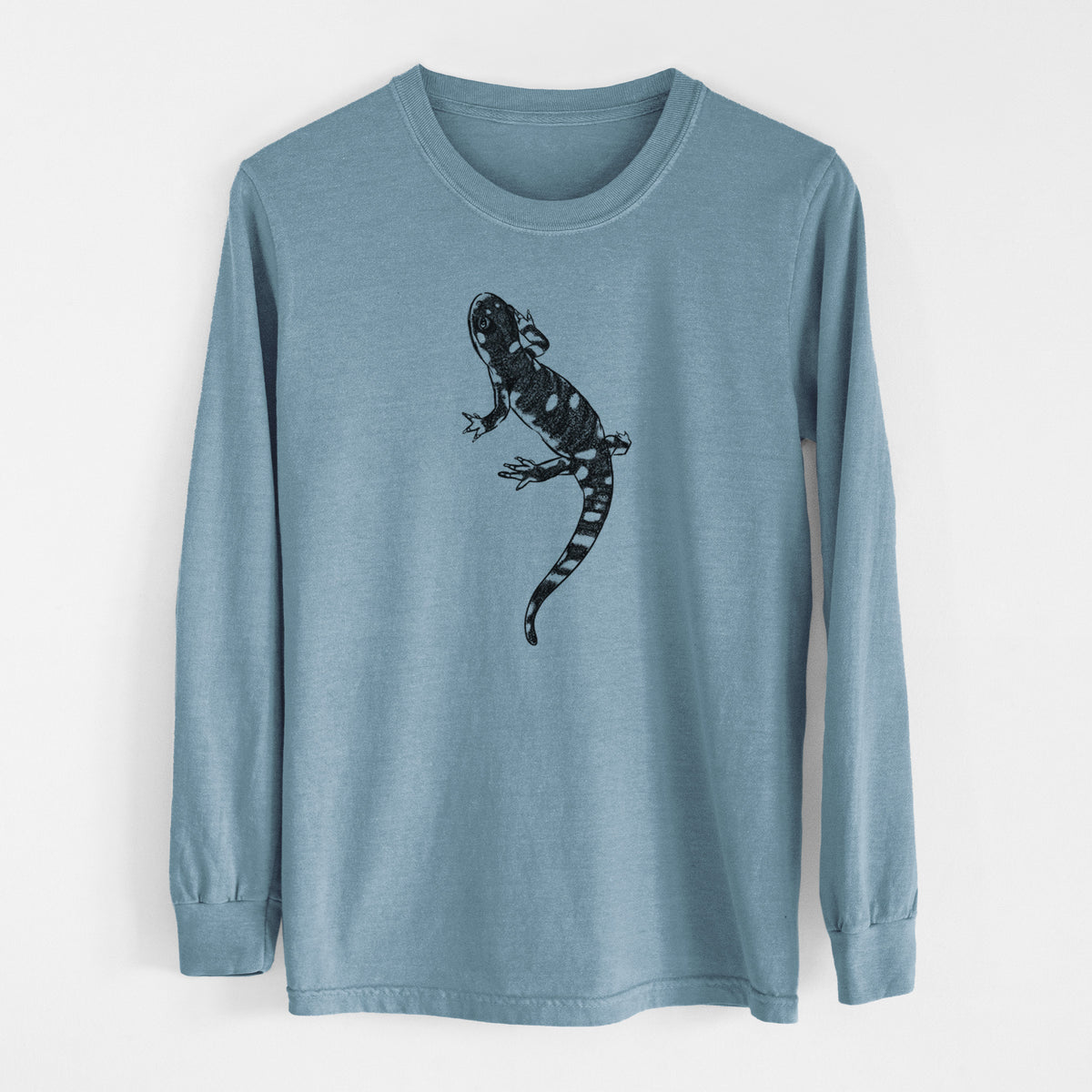 Steel blue Comfort Colors long sleeve shirt laid flat, printed with a detailed black ink illustration of a spotted California tiger salamander.