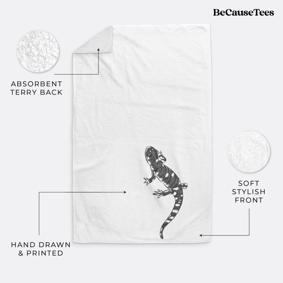 White hand towel printed with a detailed black ink illustration of a spotted California tiger salamander.