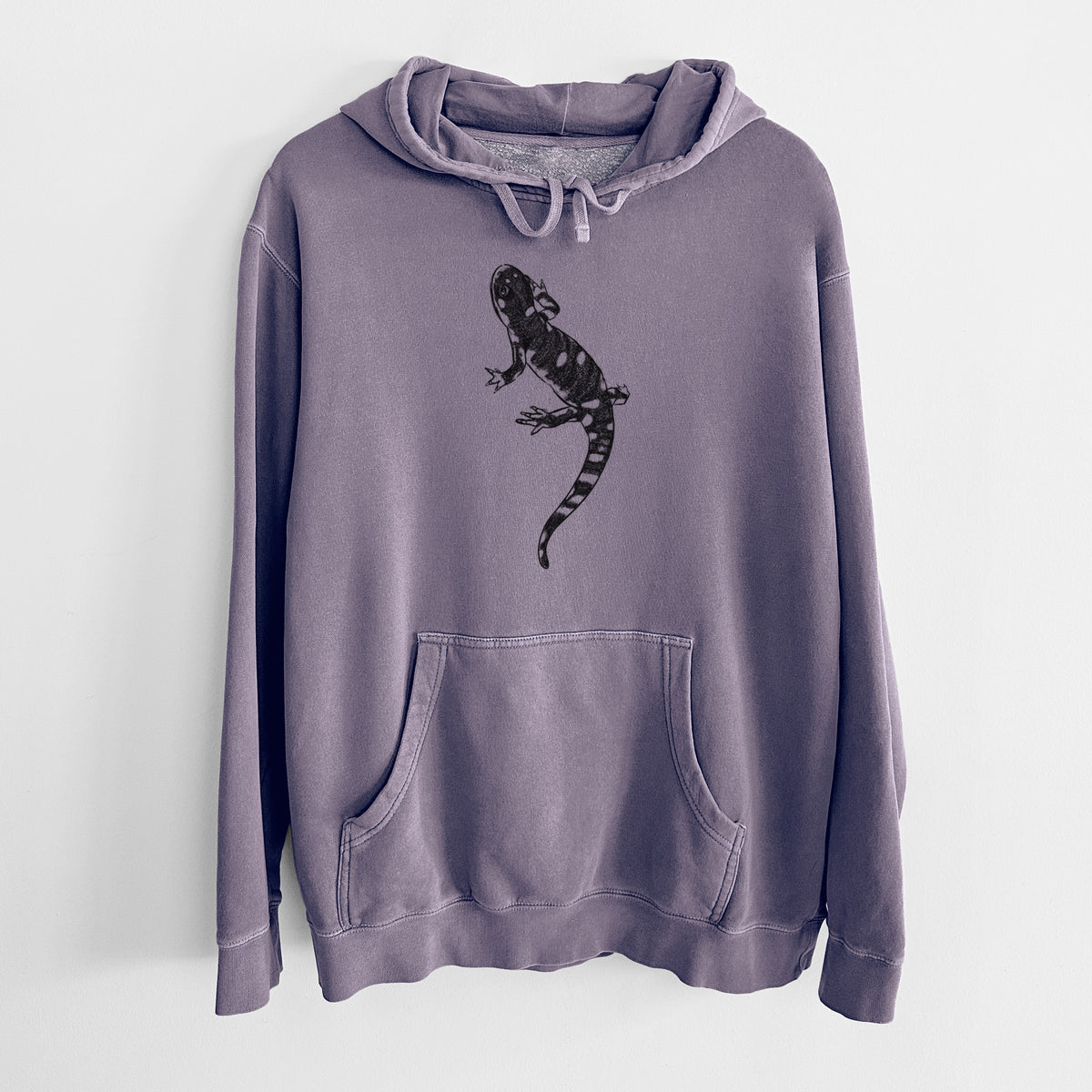 Plum purple pigment dyed hoodie laid flat, printed with a detailed black ink illustration of a spotted California tiger salamander.
