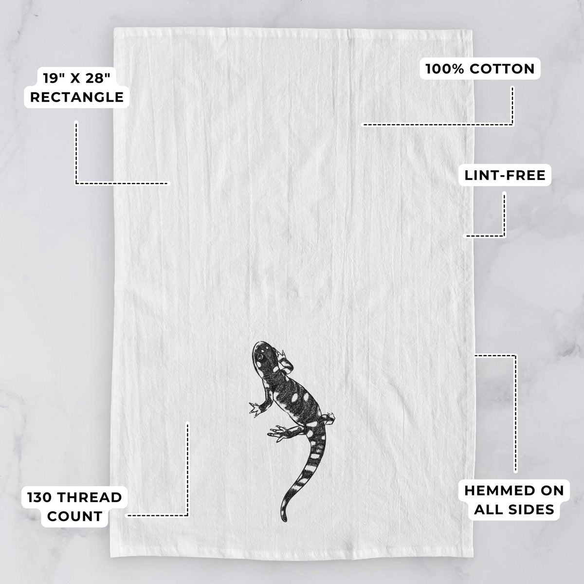 White tea towel printed with a detailed black ink illustration of a spotted California tiger salamander, with feature labels: 19 by 28 inch rectangle, 100% cotton, lint-free, 130 thread count, hemmed on all sides.