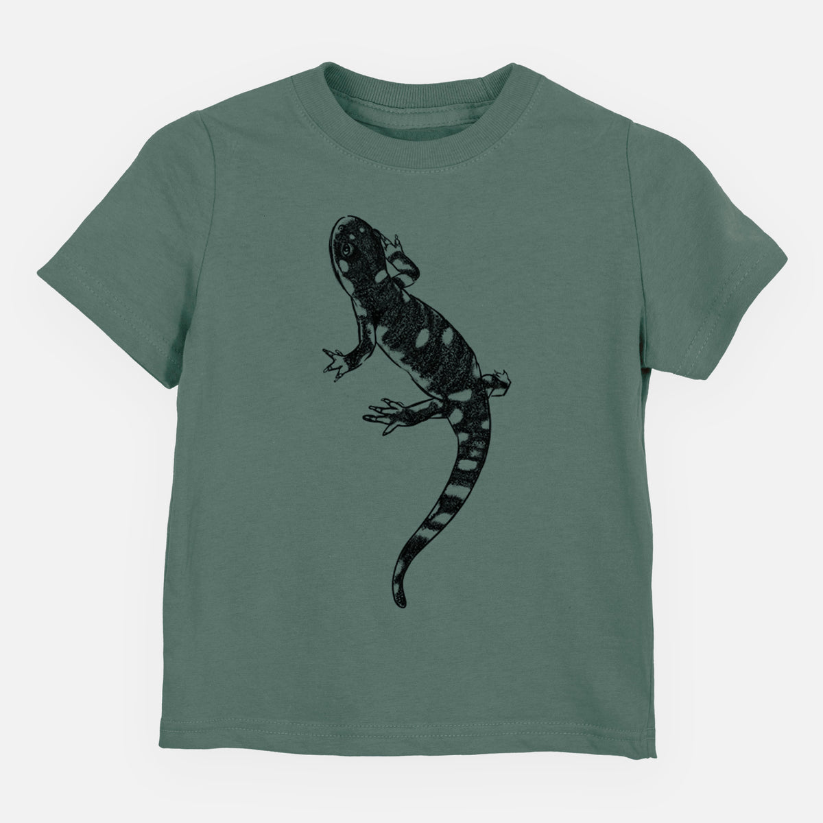 Basil green toddler t-shirt laid flat, printed with a detailed black ink illustration of a spotted California tiger salamander.