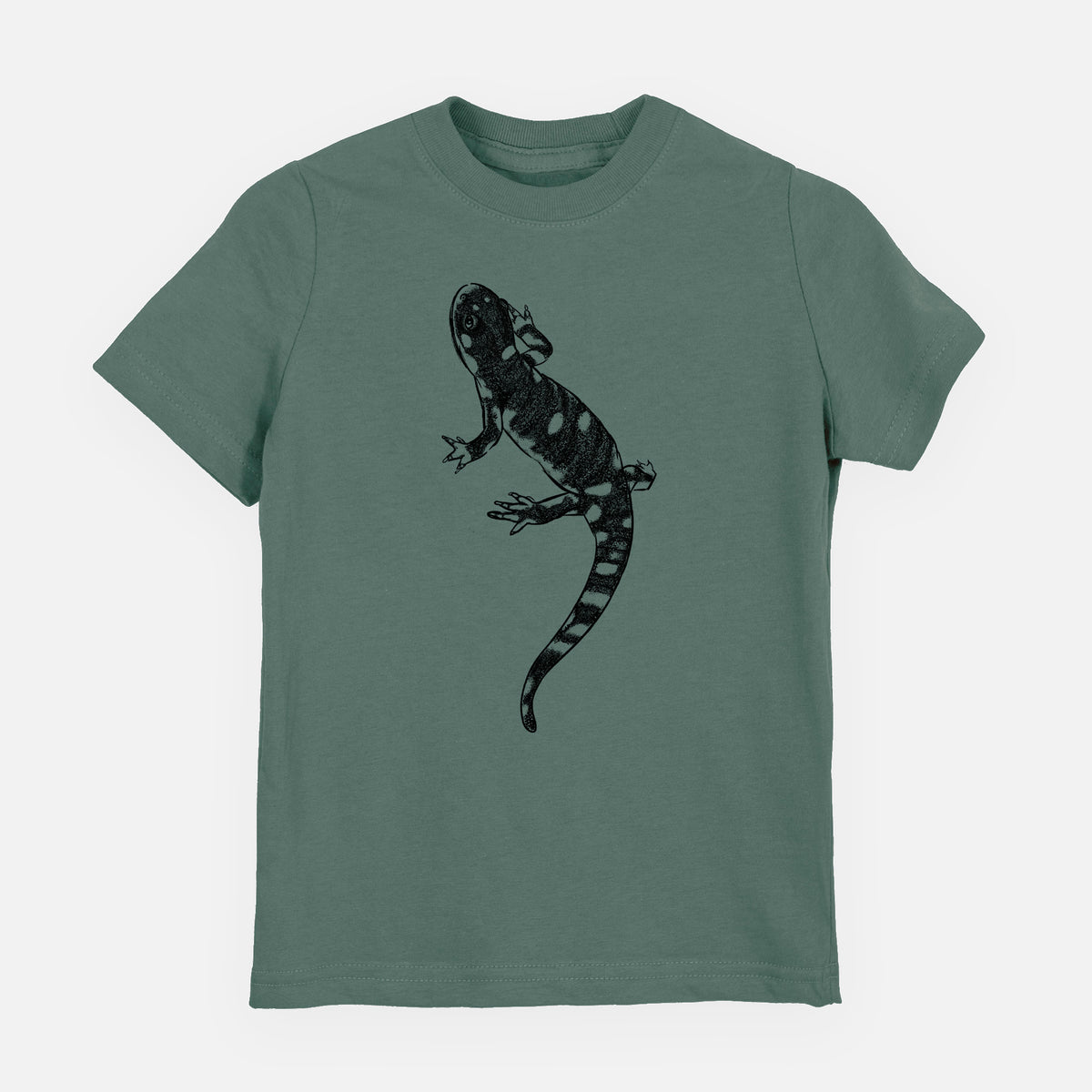 Basil green youth t-shirt laid flat, printed with a detailed black ink illustration of a spotted California tiger salamander.