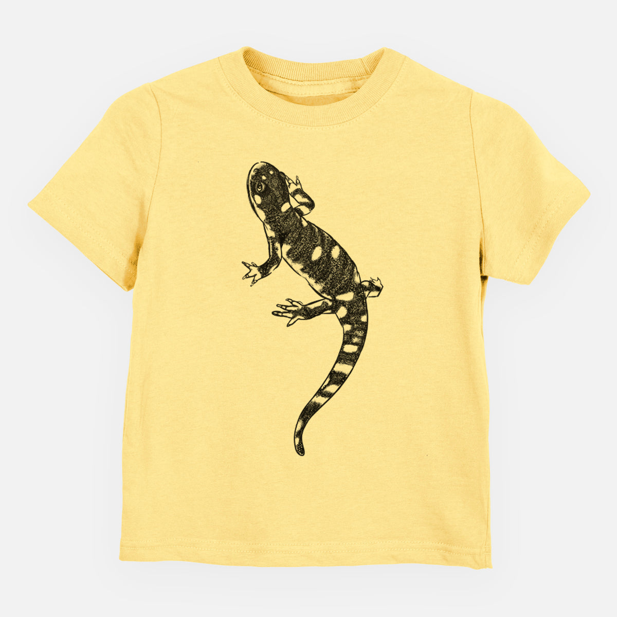 Butter yellow toddler t-shirt laid flat, printed with a detailed black ink illustration of a spotted California tiger salamander.