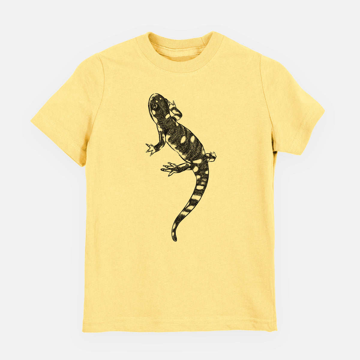 Butter yellow youth t-shirt laid flat, printed with a detailed black ink illustration of a spotted California tiger salamander.