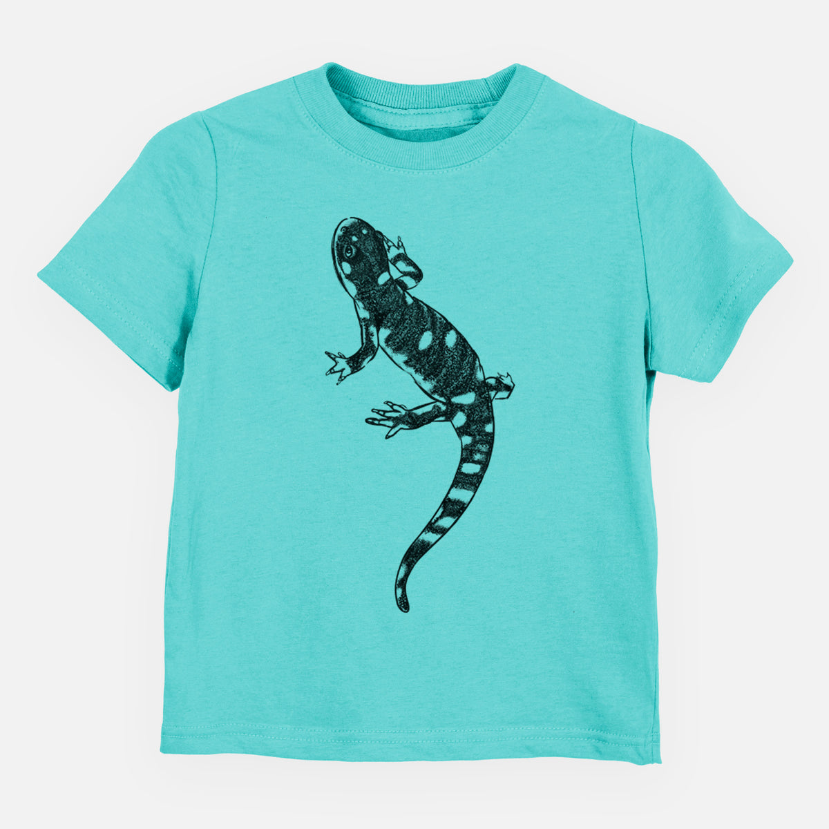 Caribbean blue toddler t-shirt laid flat, printed with a detailed black ink illustration of a spotted California tiger salamander.