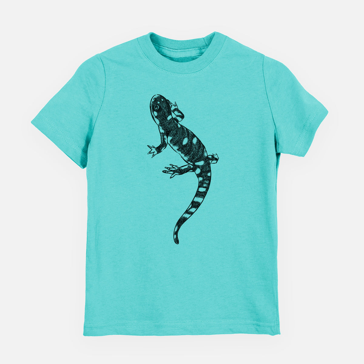 Caribbean blue youth t-shirt laid flat, printed with a detailed black ink illustration of a spotted California tiger salamander.