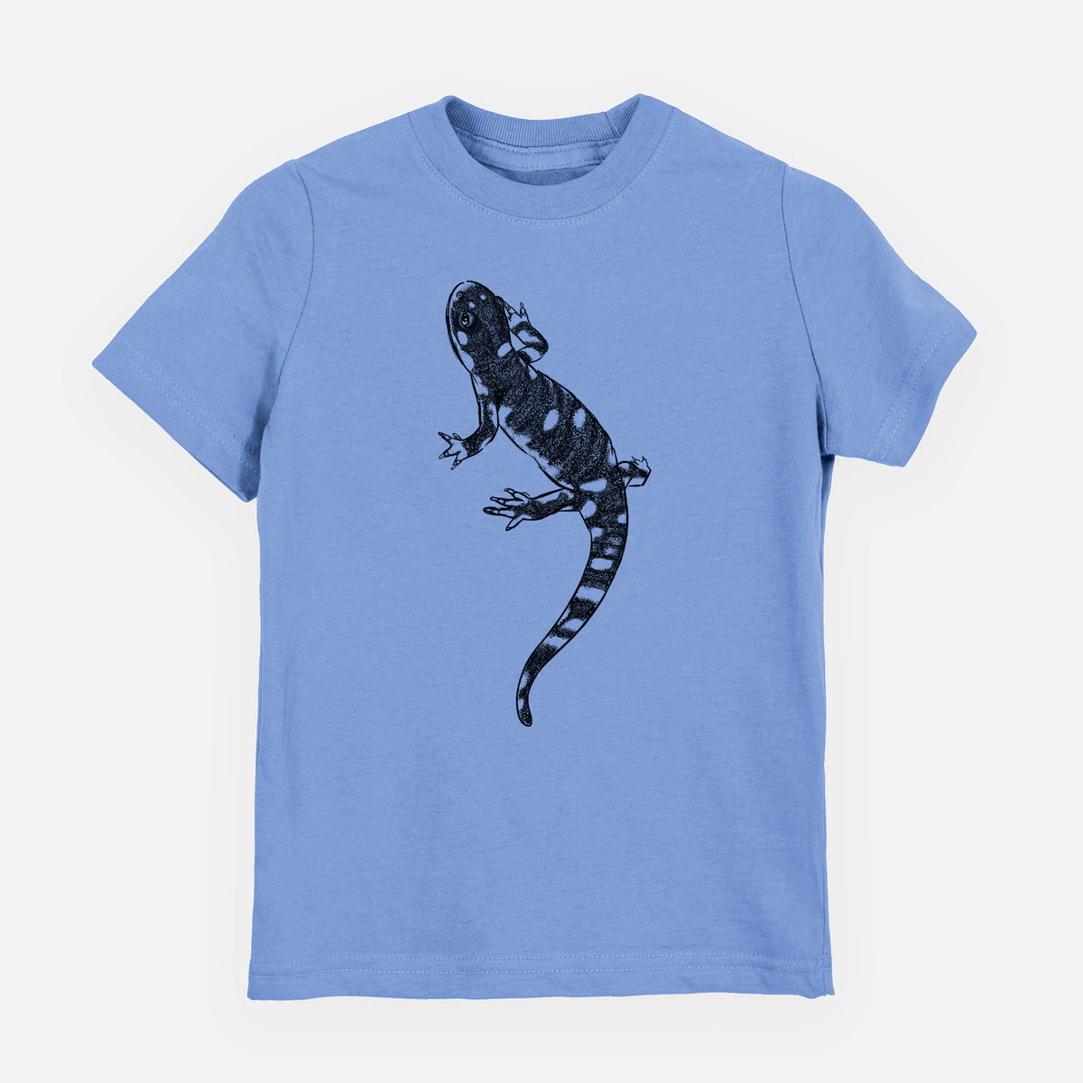 Carolina blue youth t-shirt laid flat, printed with a detailed black ink illustration of a spotted California tiger salamander.