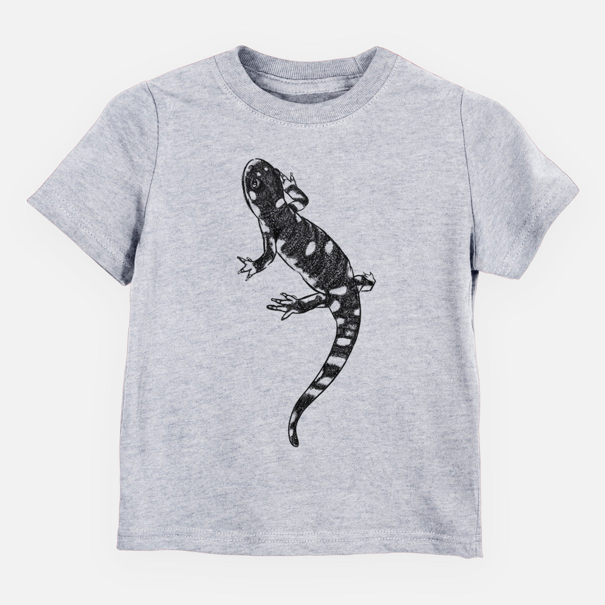 Heather grey toddler t-shirt laid flat, printed with a detailed black ink illustration of a spotted California tiger salamander.