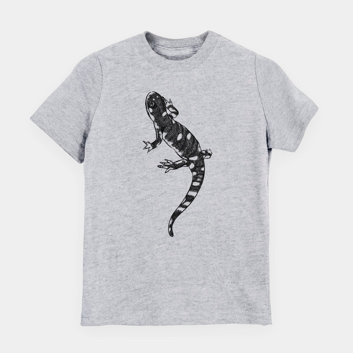 Heather grey youth t-shirt laid flat, printed with a detailed black ink illustration of a spotted California tiger salamander.
