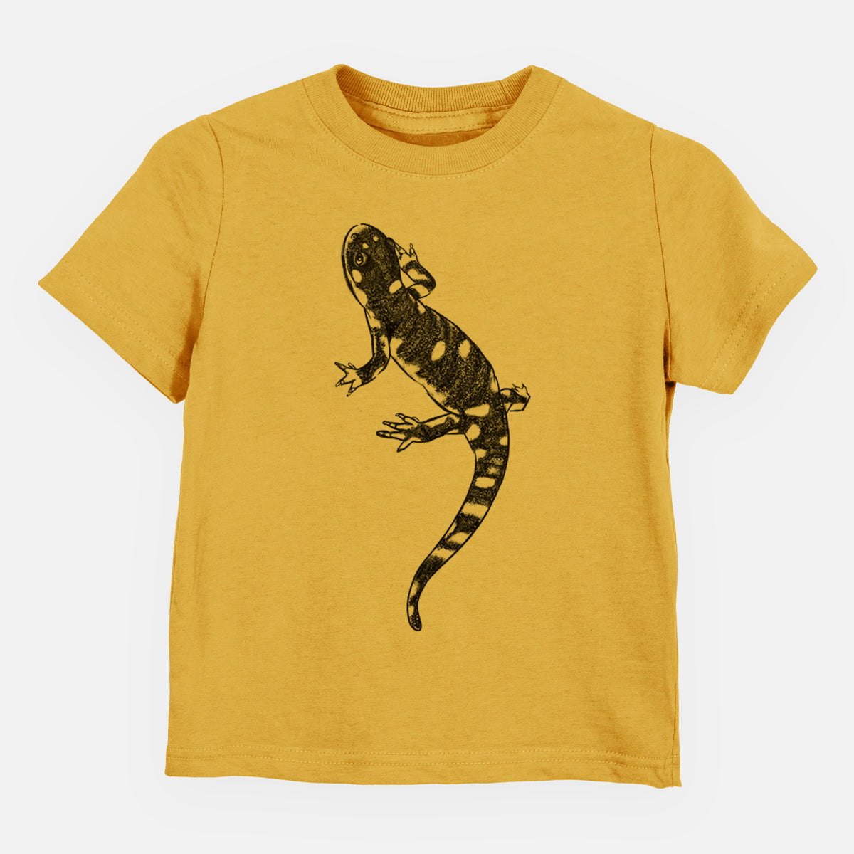 Honeycomb yellow toddler t-shirt laid flat, printed with a detailed black ink illustration of a spotted California tiger salamander.