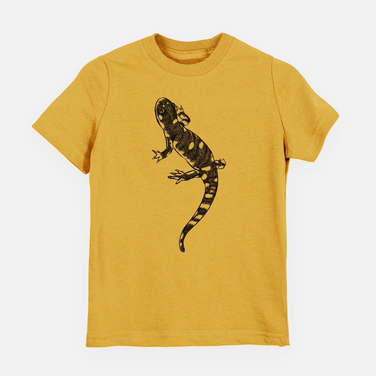 Honeycomb yellow youth t-shirt laid flat, printed with a detailed black ink illustration of a spotted California tiger salamander.