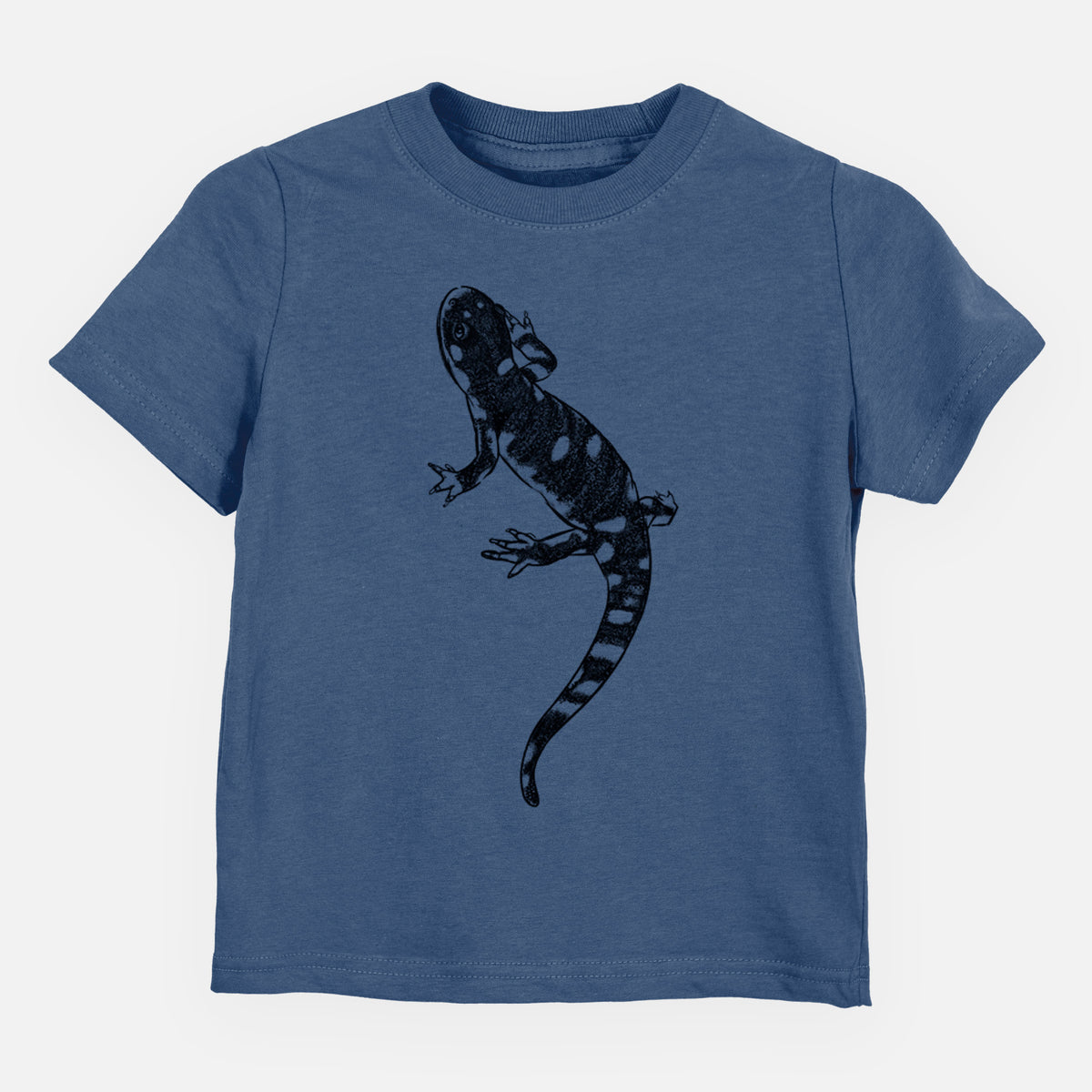 Indigo blue toddler t-shirt laid flat, printed with a detailed black ink illustration of a spotted California tiger salamander.