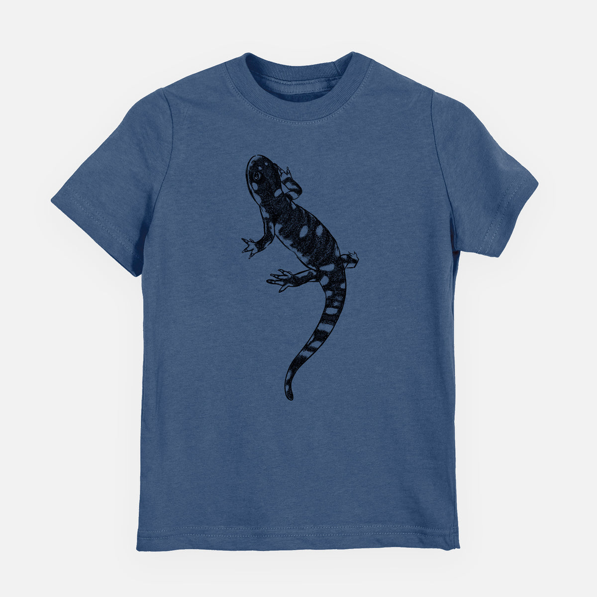 Indigo blue youth t-shirt laid flat, printed with a detailed black ink illustration of a spotted California tiger salamander.