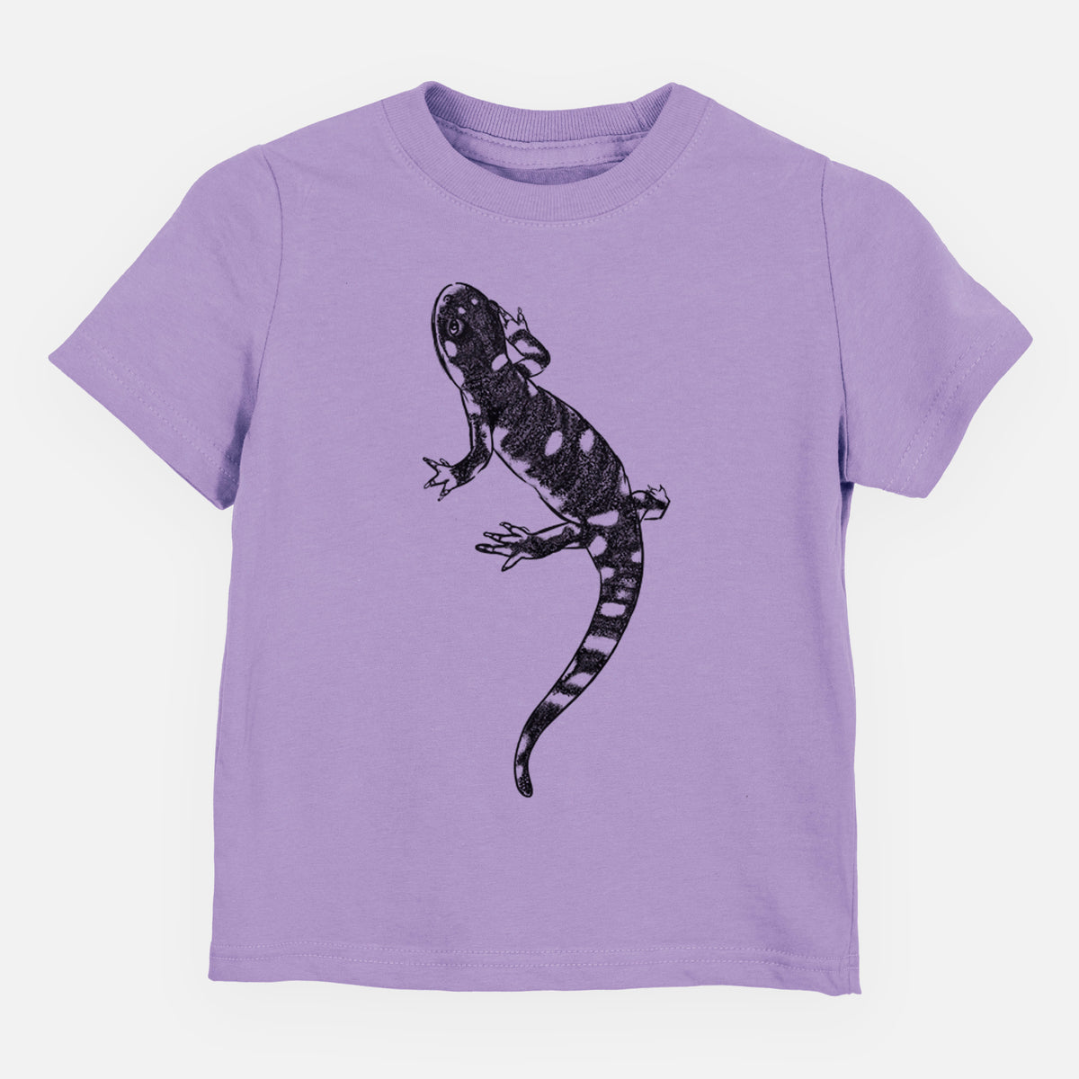 Lavender toddler t-shirt laid flat, printed with a detailed black ink illustration of a spotted California tiger salamander.