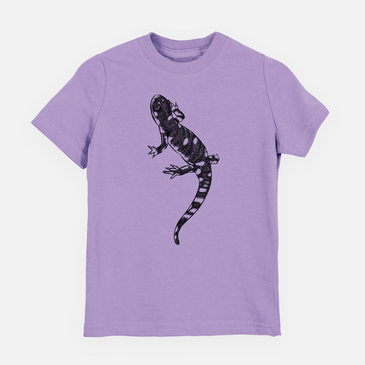 Lavender youth t-shirt laid flat, printed with a detailed black ink illustration of a spotted California tiger salamander.